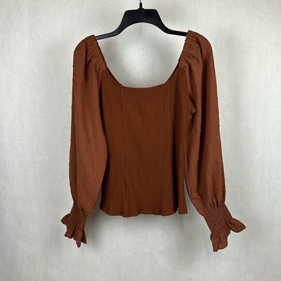 NWT ePretty Off Shoulder Ribbed Top Sz L Brown Stretch Long Sleeve Ruffled Cuff - Picture 5 of 8